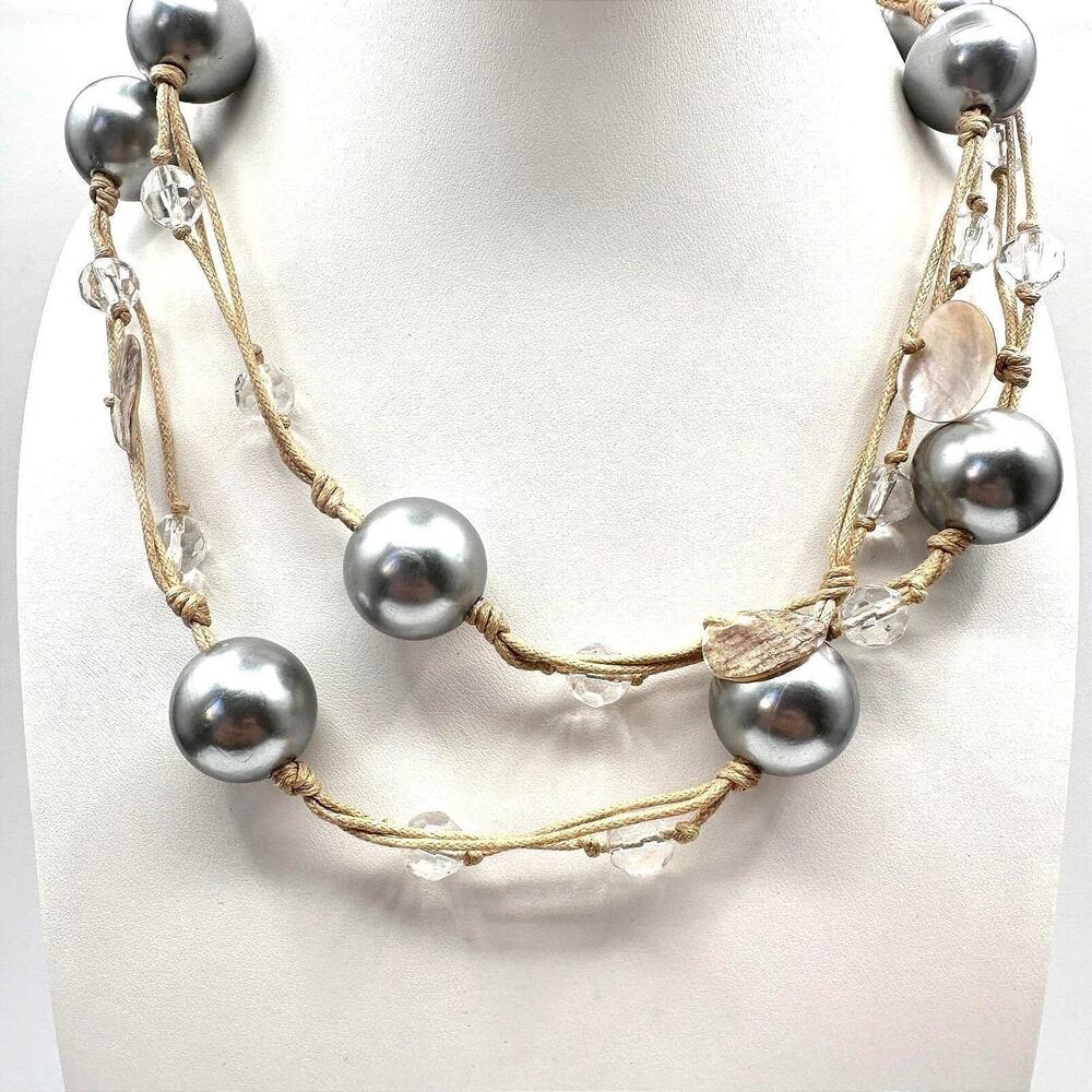 VTG Multi Strand Cord Necklace Large Grey Faux Pearl Layered Crystal Bead Accent